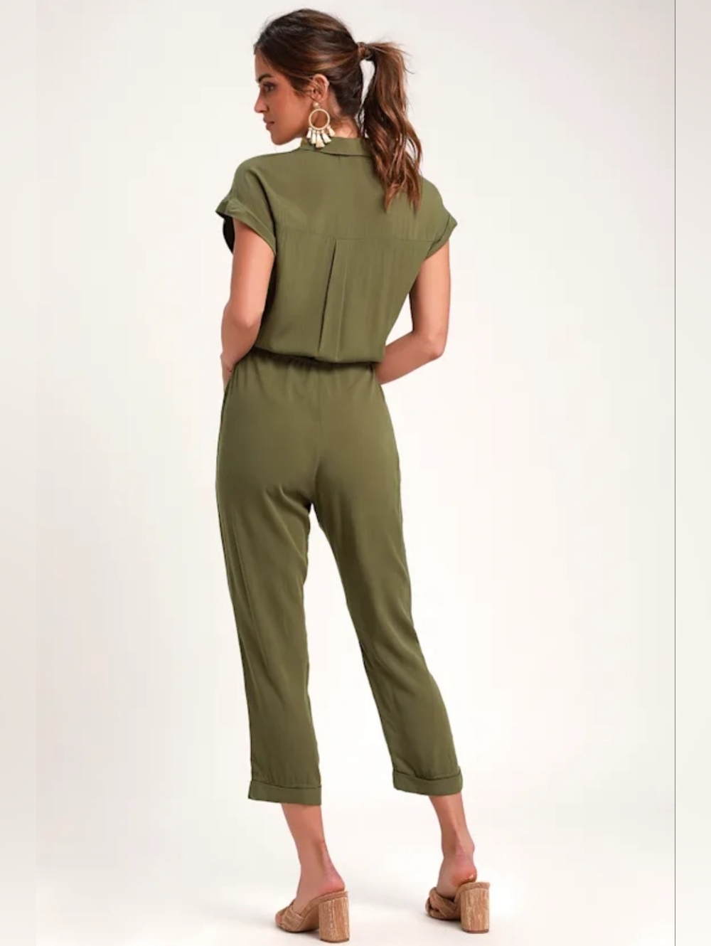 Olive Green Utility Safari Jumpsuit w/Front Pockets, Cinched Drawstring, Chic - Picture 3 of 16